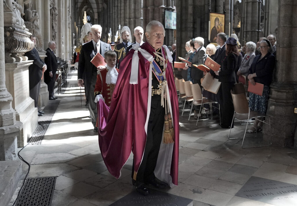 Britain's King Charles III, Sovereign Head of the Most Honourable Order of the Bath arrives for the Service for the Oath and Installation of the Great Master and the Knights Grand Cross, at Westminster Abbey in London, Friday May 16, 2025.
