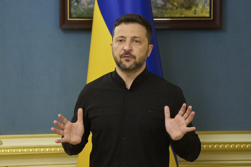 Ukrainian President Volodymyr Zelenskyy speaks during a briefing in Kyiv, Ukraine, Monday, May 19, 2025.