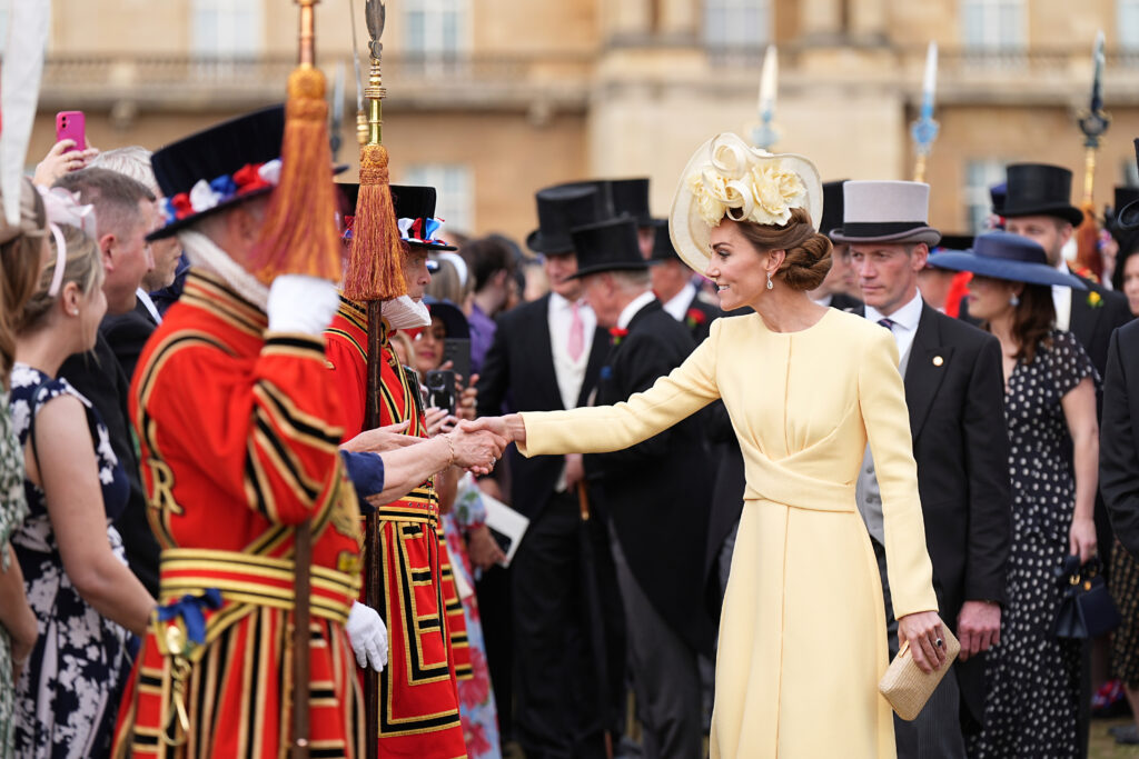 Britain's Kate, Princess of Wales talks to guests at a Royal Garden Party at Buckingham Palace, London, Tuesday, May 20, 2025.
