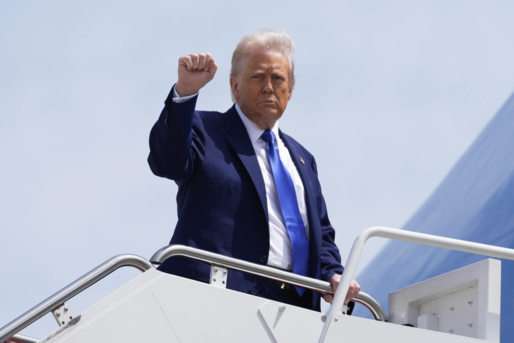 President Donald Trump boards Air Force One, Monday, May 12, 2025, at Joint Base Andrews, Md.