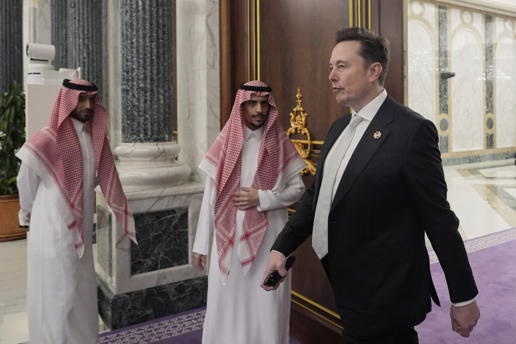 Elon Musk, departs a lunch between President Donald Trump and Saudi Crown Prince Mohammed bin Salman at the Royal Palace in Riyadh, Saudi Arabia, Tuesday, May 13, 2025.