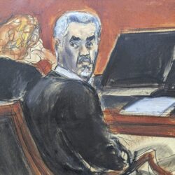 Sean 'Diddy' Combs, on the right, turns around and looks at the audience during the jury selection at the Federal Court of Manhattan on Monday, May 5, 2025. Elizabeth Williams about AP