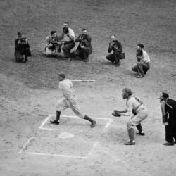 Two dozen former Dodgers stars met in a three inning exhibition at Ebbets Field, Sept. 22, 1940. It was played between games of the Brooklyn-Philadelphia double header. Zach Wheat is at bat, Hank Deberry is catcher and Tom Dunn is umpire. AP Photo