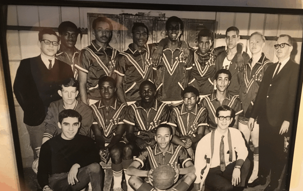 The 1964-65 Brooklyn Tech basketball team. Coach Shelly Schneider is far Right in glasses. Photo courtesy of Sheldon Schneider