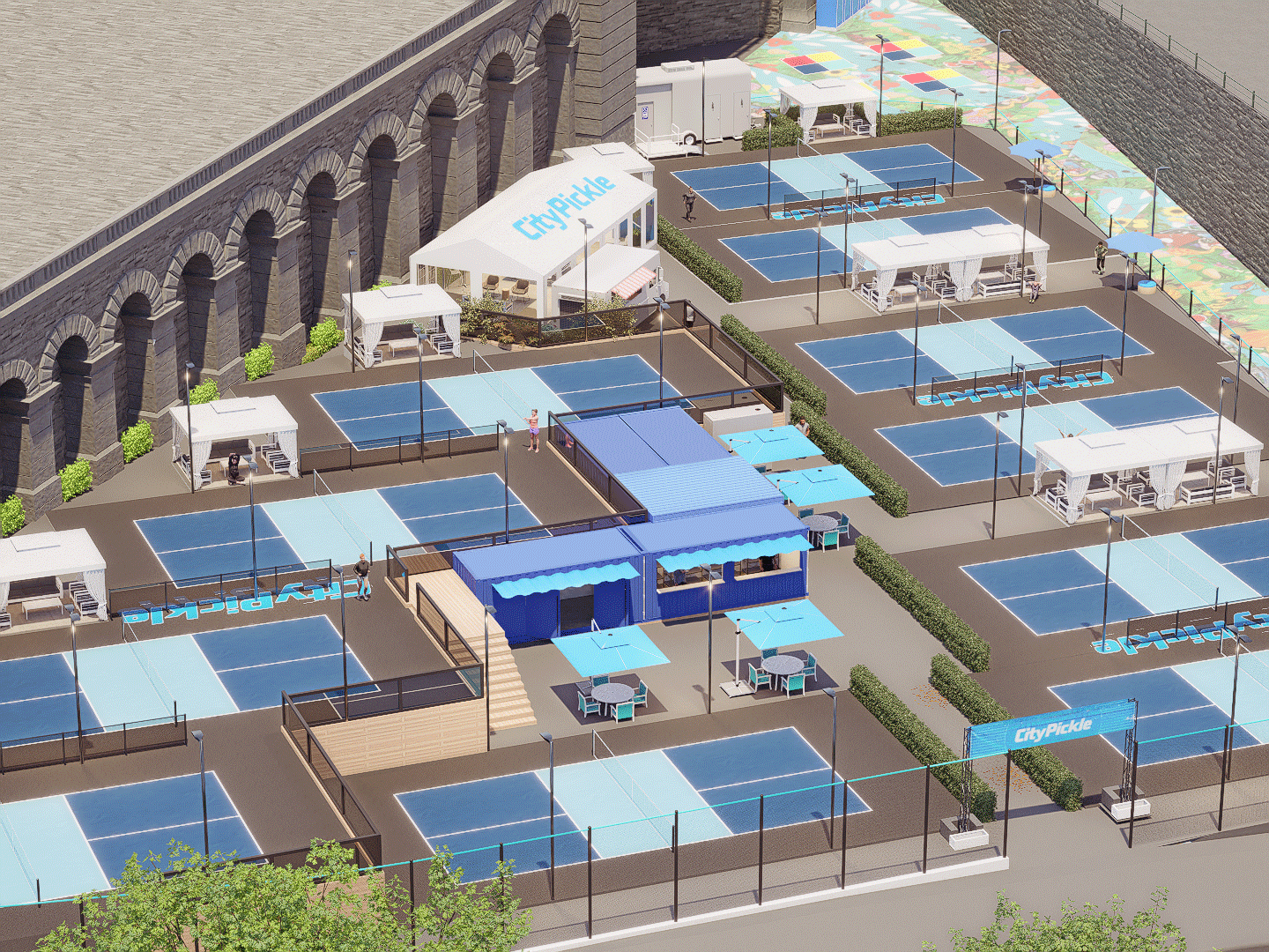CityPickle’s plan for the Brooklyn Bridge Anchorage includes 11 pickleball courts in the Washington Street Yard. Rendering courtesy of CityPickle