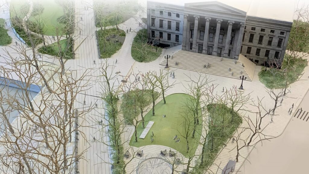 Downtown Brooklyn Partnership and its design partners unveiled its latest ideas for redesigning Columbus Park at a Borough Hall presentation on Thursday, May 15. Renderings courtesy of DBP