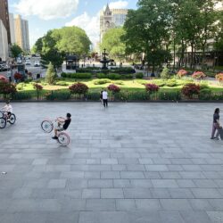 Existing condition: The view of the garden and fountain, as seen from Borough Hall. Additional space in the distance, a square block in front of the post office building, would become part of the Columbus Park expansion. Photo: Mary Frost, Brooklyn Eagle