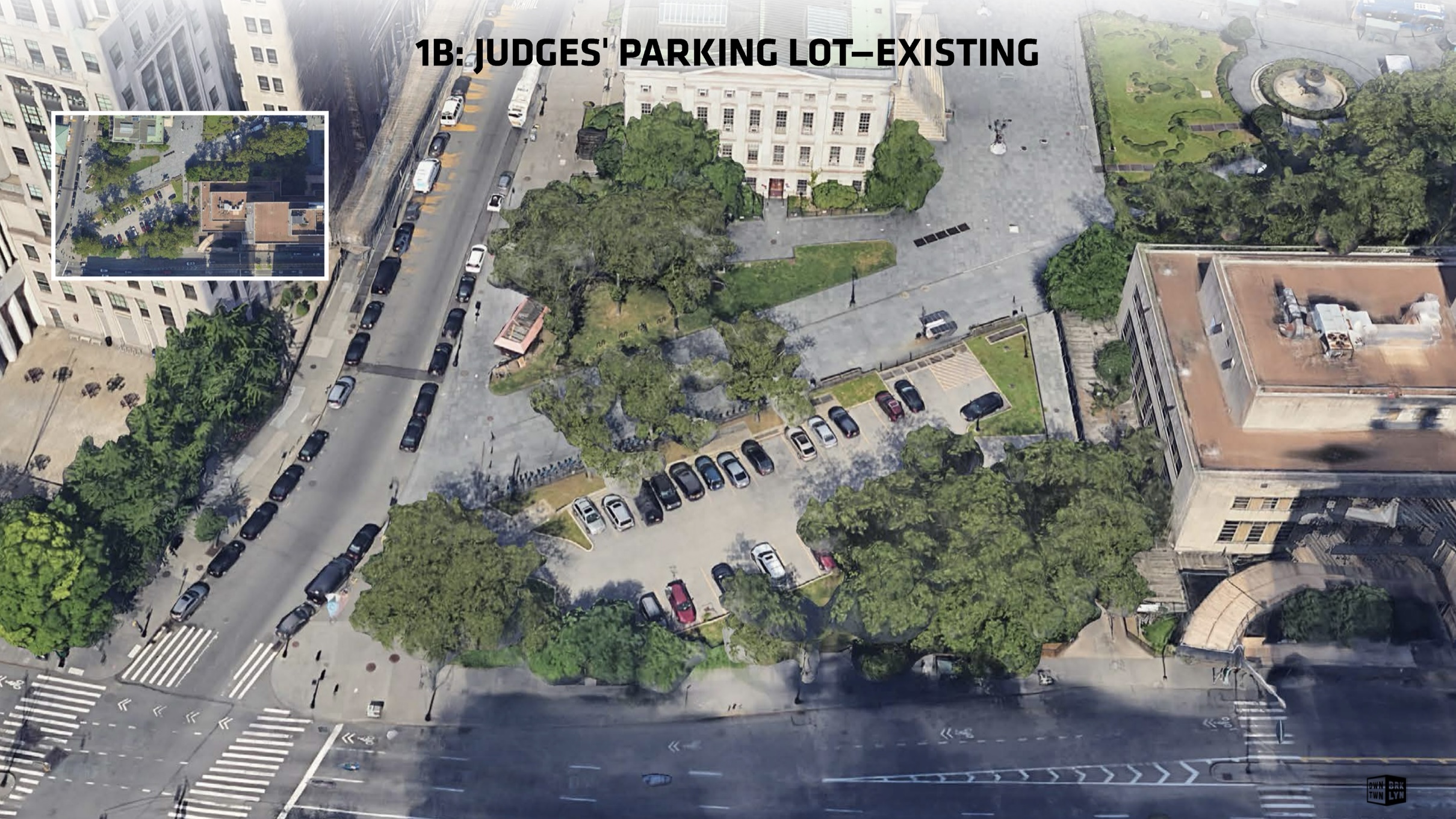 Existing condition: Aerial view of the judges’ parking lot. Photo: DBP