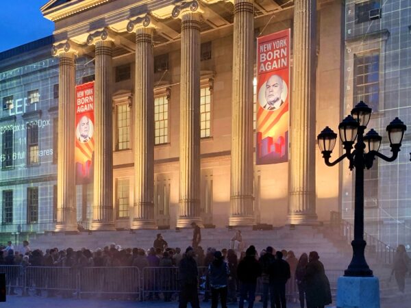 An ominous scene from ‘Daredevil: Born Again,’ filmed at Brooklyn Borough Hall Thursday evening. Photo: Mary Frost, Brooklyn Eagle