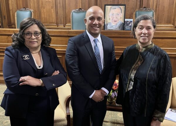 From left to right: Associate Justice Cheryl E. Chambers, Presiding Justice Hector D. LaSalle, Professor Susan Herman, Associate Justice Lara J. Genovesi, and Hon. Cenceria Edwards, president of the Brooklyn Women's Bar Association, gathered at the Appellate Division, Second Department on Tuesday, April 30, 2025, for a Fireside Chat featuring Herman, the Ruth Bader Ginsburg Professor of Law at Brooklyn Law School and former ACLU president. The event, titled Justice, Justice Thou Shalt Pursue, honored the legacy of Justice Ruth Bader Ginsburg. Brooklyn Eagle photo by Robert Abruzzese