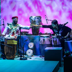 Okai and Nejma Nefertiti shared a fist bump after a drum duet in between two of the night's performances. Photo courtesy of Ellen Qbertplaya