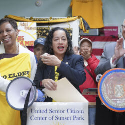 NYC Council Speaker Adrienne Adams, councilmembers Alexa Avilés and Justin Brannan at the rally. Photo by Gerardo Romo / NYC Council
