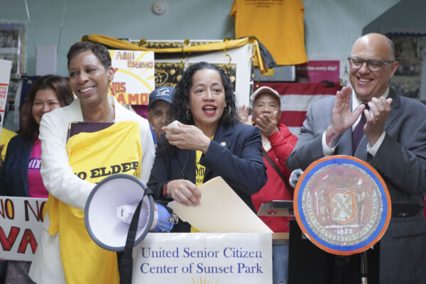 NYC Council Speaker Adrienne Adams, councilmembers Alexa Avilés and Justin Brannan at the rally. Photo by Gerardo Romo / NYC Council