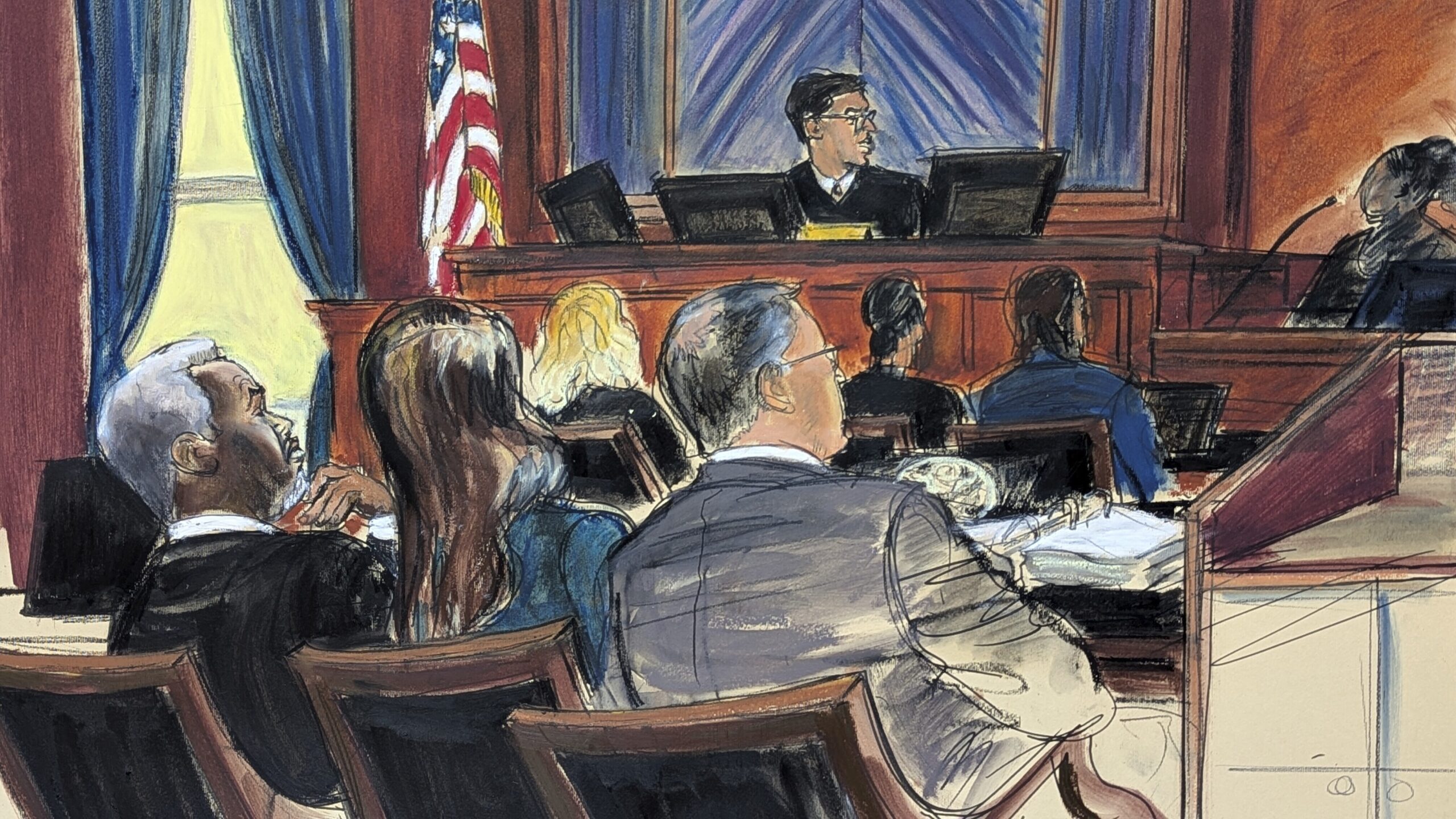 Sean 'Diddy' Combs, far left, looks on from the defense table with his attorneys, as a prospective juror, far right, answers questions posed by Judge Arun Subramanian, center, at Manhattan federal court, Monday, May 5, 2025, in New York. Photo: Elizabeth Williams via AP