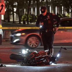 Police investigate the collision between a motorcycle and FDNY truck that killed a 30-year-old woman in Marine Park. Photo courtesy of Loudlabs News NYC