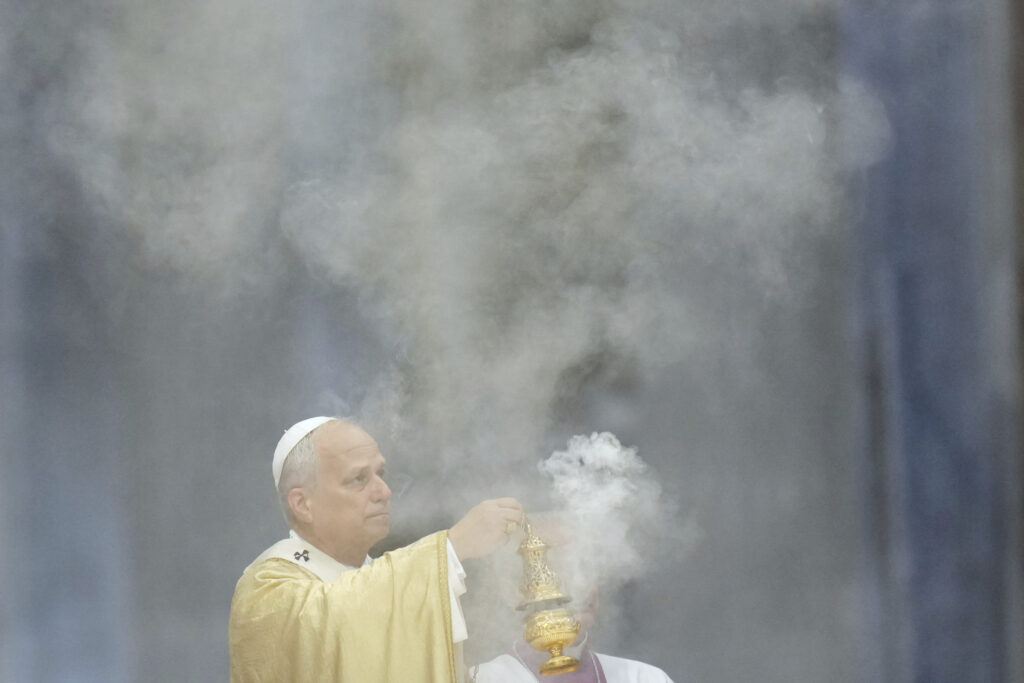 Pope Leo XIV spreads incense during an ordination Mass in St. Peter's Basilica at the Vatican as part of the Jubilee of Priests, Friday, June 27, 2025.