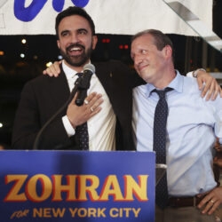 Democratic mayoral candidate Zohran Mamdani, left, speaks on stage with fellow candidate Comptroller Brad Lander at his primary election party, Wednesday, June 25, 2025, in New York.