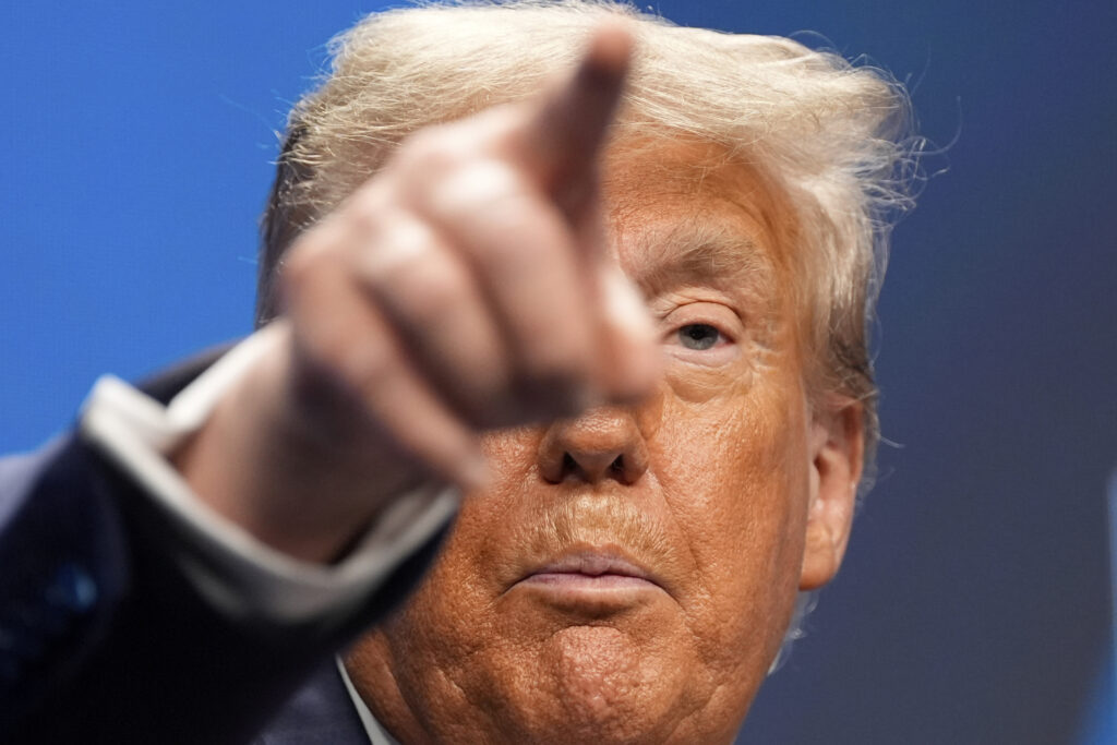President Donald Trump points as he speaks during a media conference at the end of the NATO summit in The Hague, Netherlands, Wednesday, June 25, 2025.