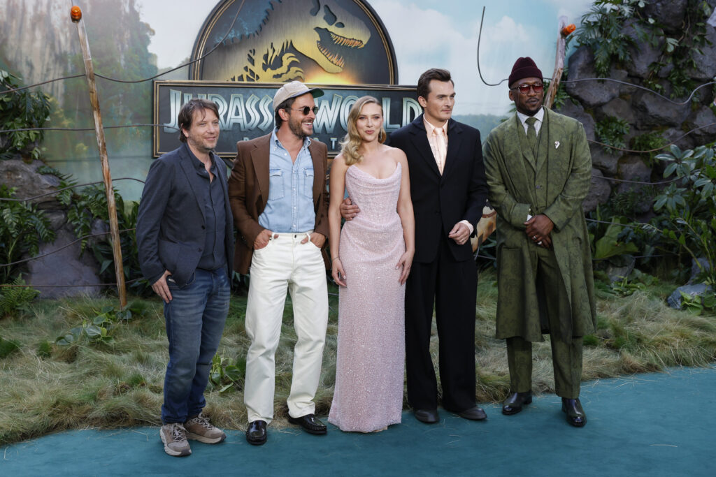 Gareth Edwards, from left, Jonathan Bailey, Scarlett Johansson, Rupert Friend, and Mahershala Ali pose for photographers upon arrival at the premiere of the film 'Jurassic World Rebirth' on Tuesday, June 17, 2025, in London.