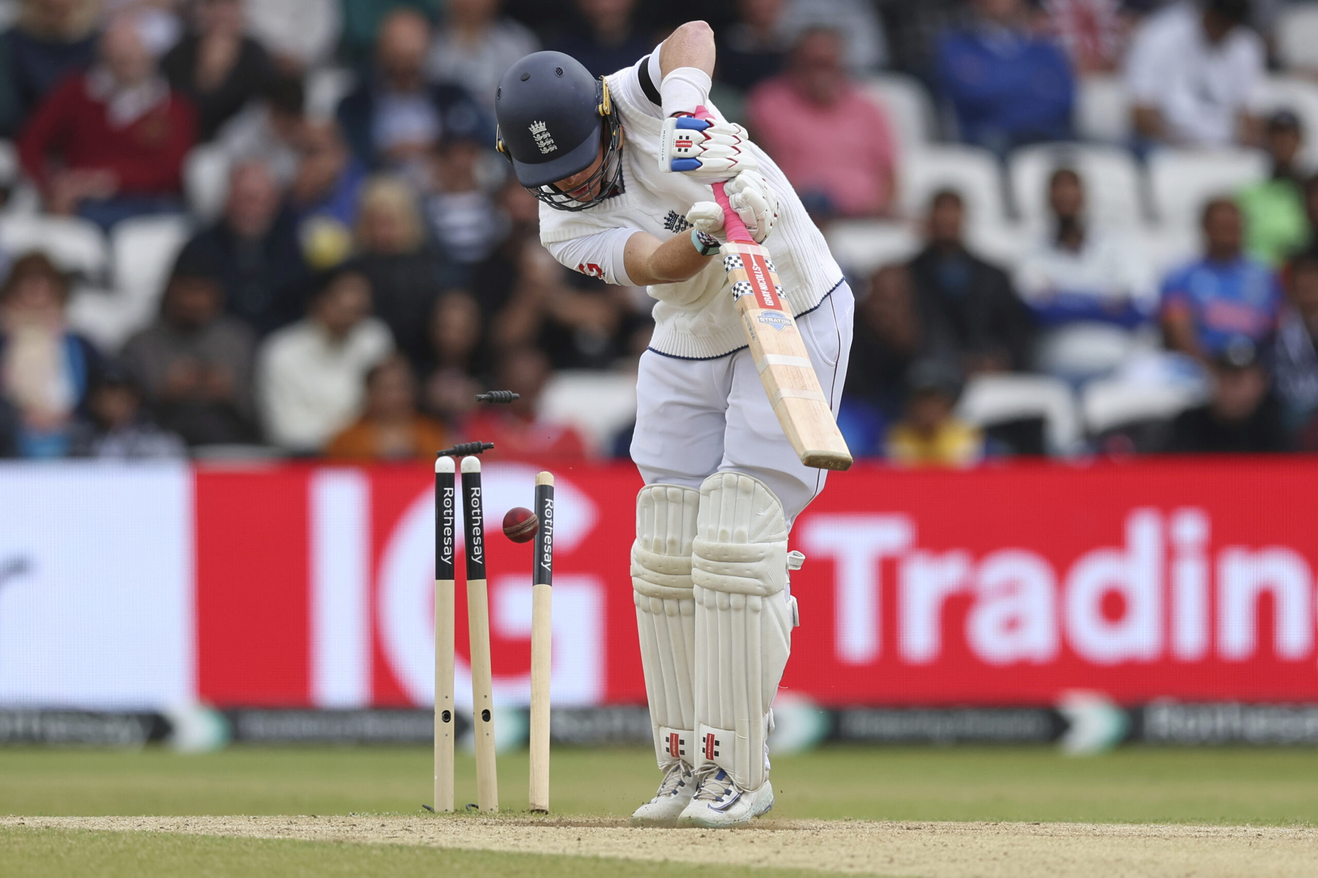 England's Ollie Pope is bowled out by India's Prasidh Krishna on day five of the first cricket test match between England and India at Headingley in Leeds, England, Tuesday, June 24, 2025.