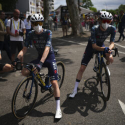 Denmark's Jonas Vingegaard, left, and teammate Matteo Jorgenson, of the U.S., wear face masks to protect themselves from the Corona virus prior to the start of the fourteenth stage of the Tour de France cycling race over 151.9 kilometers (94.4 miles) with start in Pau and finish in Saint-Lary-Soulan Pla d'Adet, France, July 13, 2024. AP Photo/Daniel Cole, File