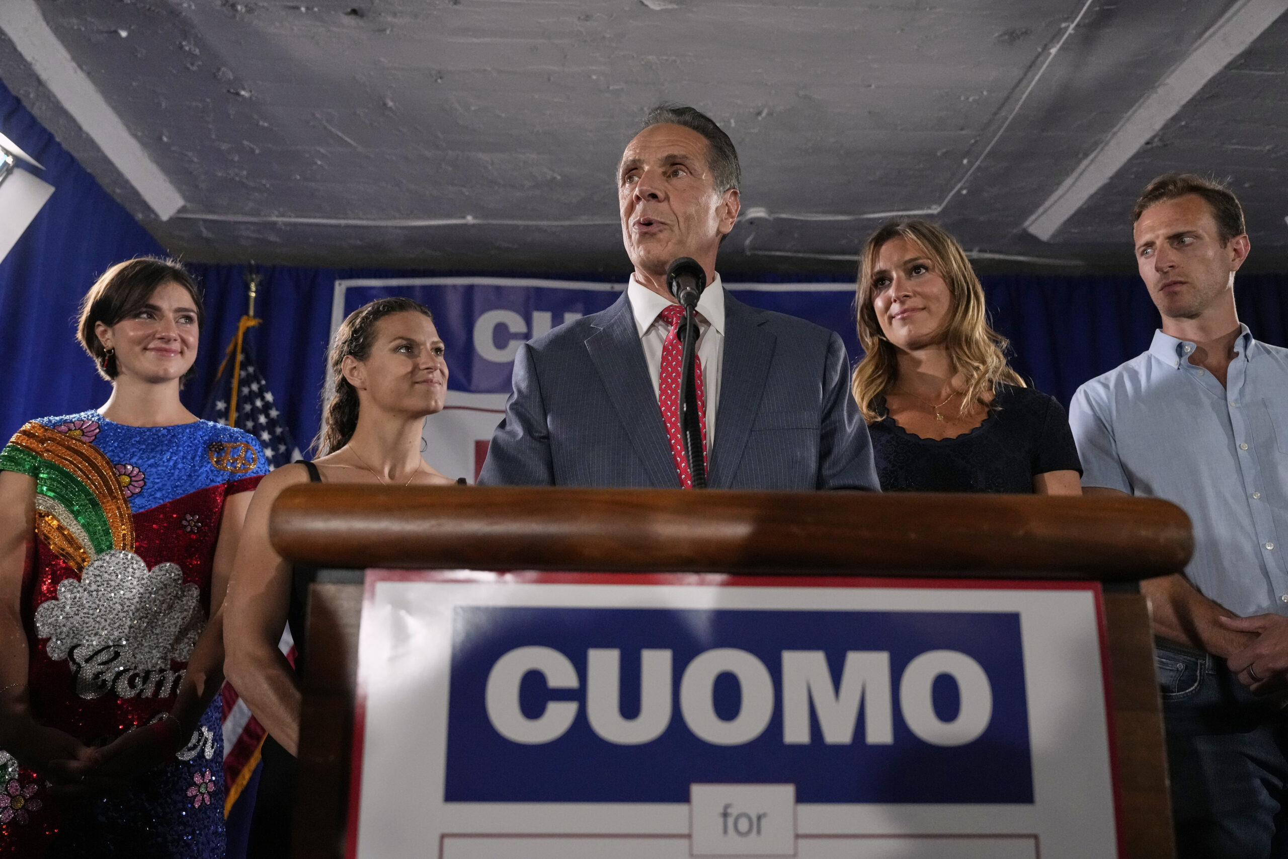 Joined by his daughters, from left, Michaela Kennedy-Cuomo, Cara Kennedy-Cuomo, Mariah Kennedy-Cuomo and son-in-law Tellef Lundevall, mayoral candidate Andrew Cuomo, center, speaks to supporters during a Democratic primary watch party, Tuesday, June 24, 2025, in New York. AP Photo/Yuki Iwamura