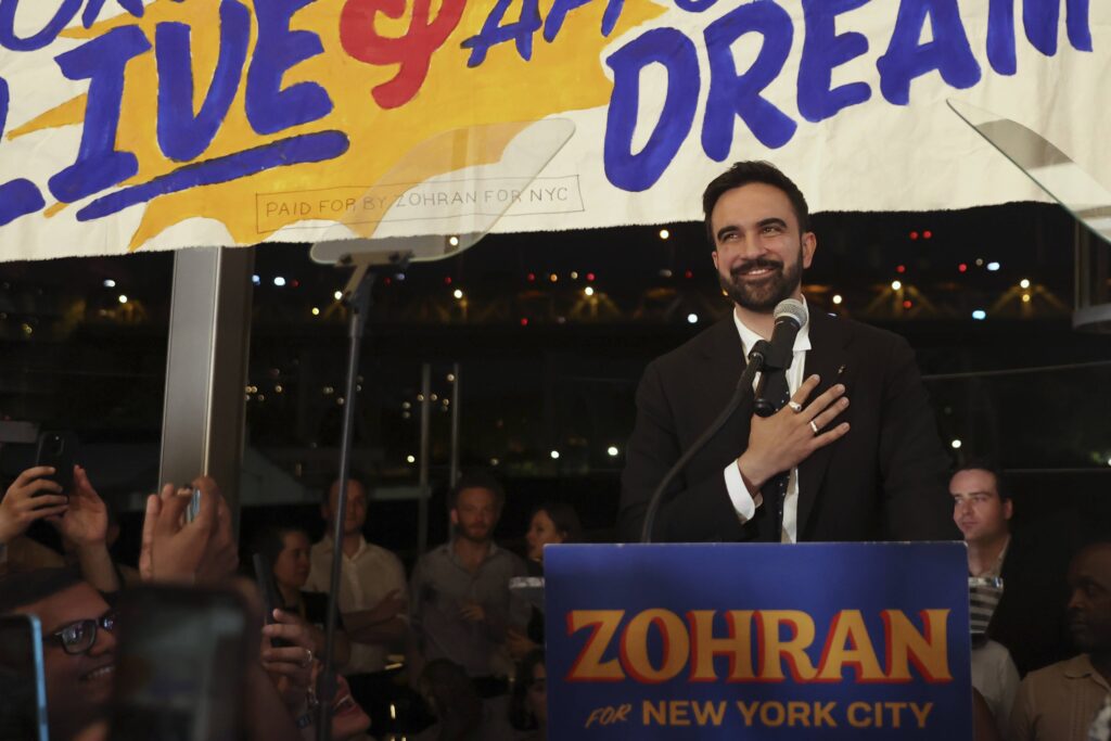Democratic mayoral candidate Zohran Mamdani takes the stage at his primary election party, Wednesday, June 25, 2025, in New York. Photo: Heather Khalifa/AP