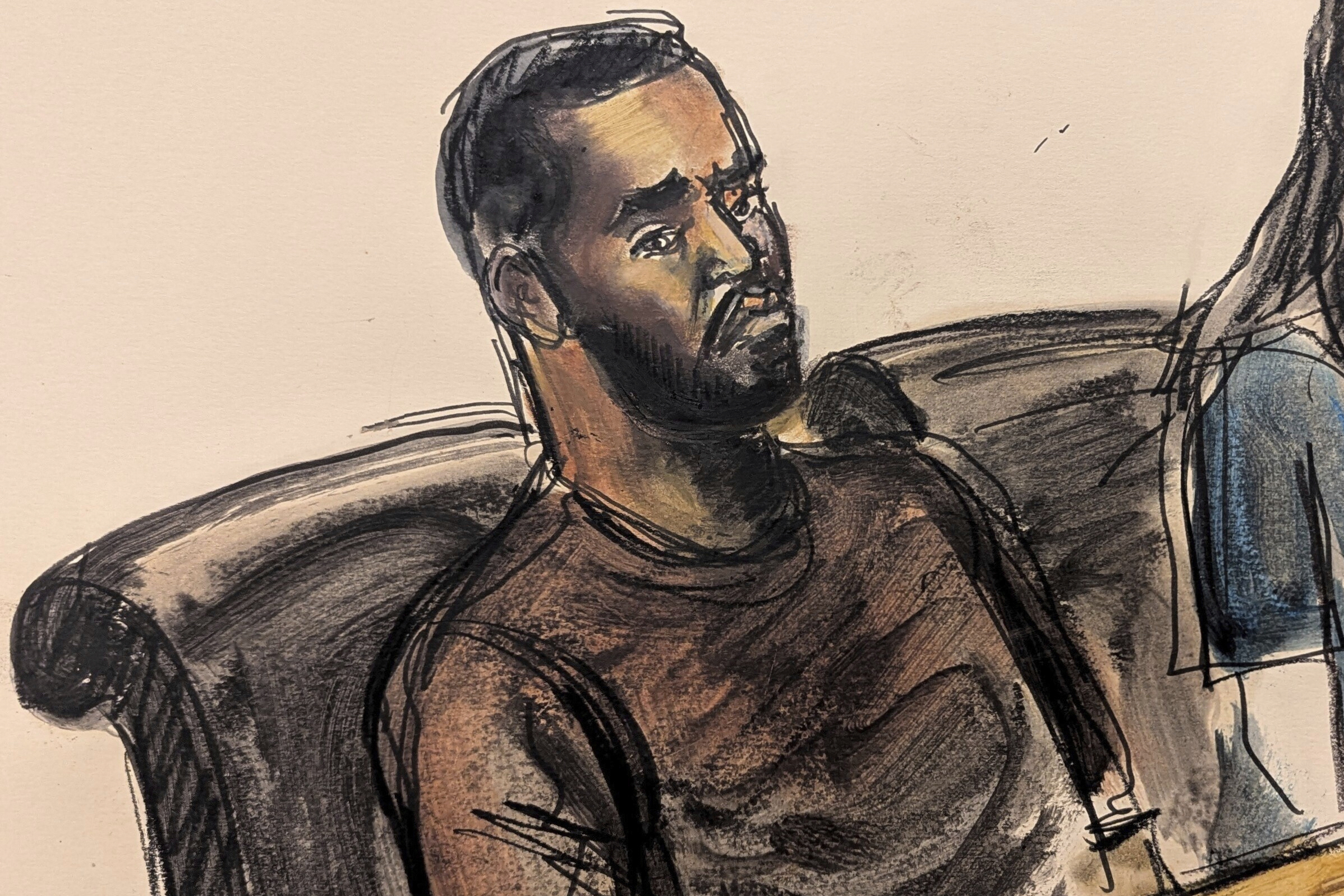 This courtroom sketch depicts Sean "Diddy" Combs sitting at the defense table during his bail hearing in New York on Wednesday, Sept. 18, 2024. Image: Elizabeth Williams via AP, File