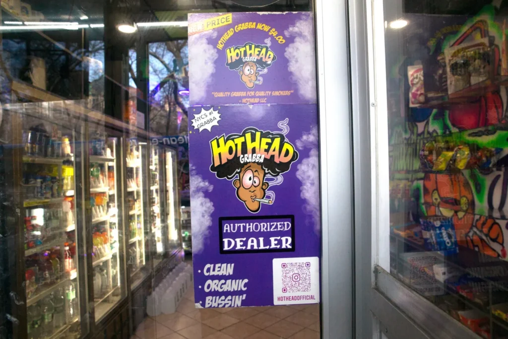 A Morningside Heights smoke shop advertised selling HotHead brand Grabba, Feb. 26, 2024. Photo: Ben Fractenberg/THE CITY