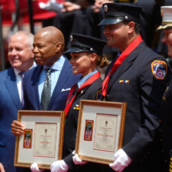 FDNY EMTs Amber Black and Mitchell Tarnapolsky received the received the Christopher J. Prescott Medal. Photo: Michael Appleton/Mayoral Photography Office
