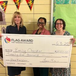 Teacher Emily Chandler surprised to win $25,000 and The FLAG Award for Teaching Excellence while teaching at P.S. 371 in Sunset Park. Photo courtesy of The FLAG Award for Teaching Excellence