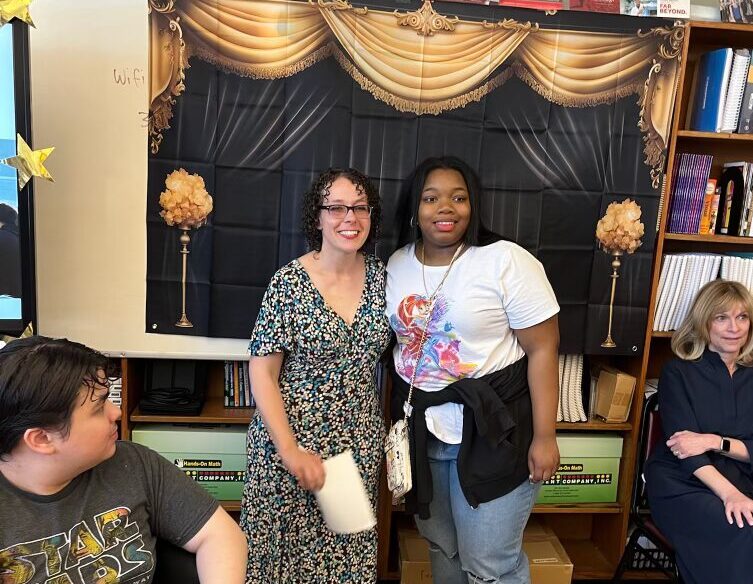 Teacher Emily Chandler surprised to win $25,000 and The FLAG Award for Teaching Excellence while teaching at P.S. 371 in Sunset Park. Photo courtesy of The FLAG Award for Teaching