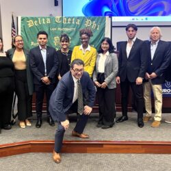 Paul Nuccio, center, with new members of Delta Theta Phi’s Fuchsberg Senate and faculty supporters at Touro Law Center following the chapter’s reactivation. Photo courtesy of Touro Law Center