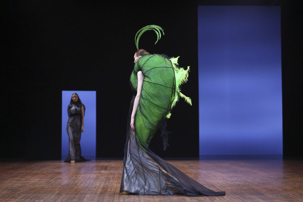 A model wears a creation as part of the Viktor & Rolf Fall-Winter 2025/26 Haute Couture collection presented Wednesday, July 9, 2025, in Paris.