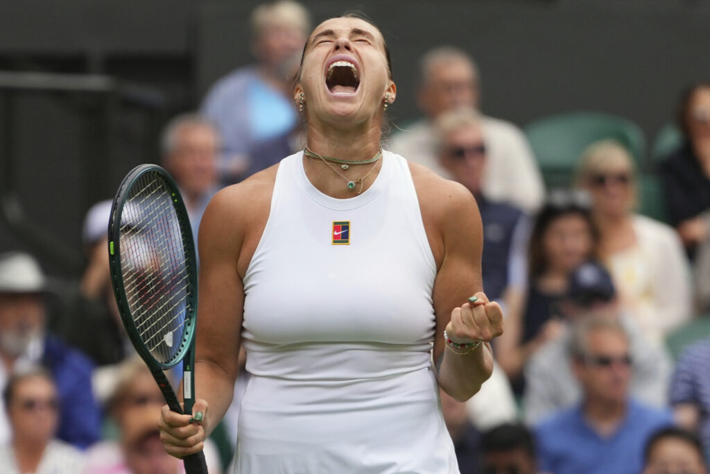 Aryna Sabalenka of Belarus reacts during her second round women's singles match against Marie Bouzkova of the Czech Republic at the Wimbledon Tennis Championships in London, Wednesday, July 2, 2025.