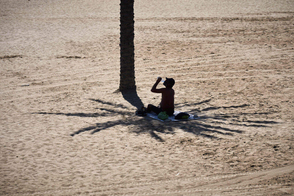A man takes advantage of the shade of a palm tree to protect himself from the sun while hydrating himself by drinking water, on a hot day at the beach in Barcelona, Spain, Wednesday, July 2, 2025.