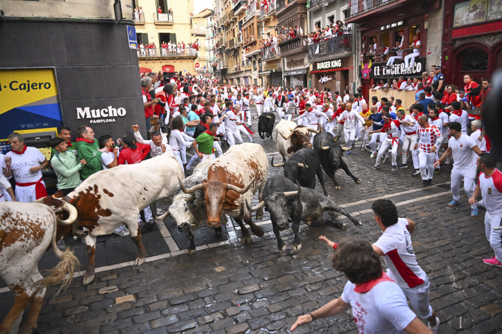 Revelers run with bulls from Cebada Gago ranch during the second day of the running of the bulls at the San FermÌn fiestas in Pamplona, Spain, Tuesday, July 8, 2025.