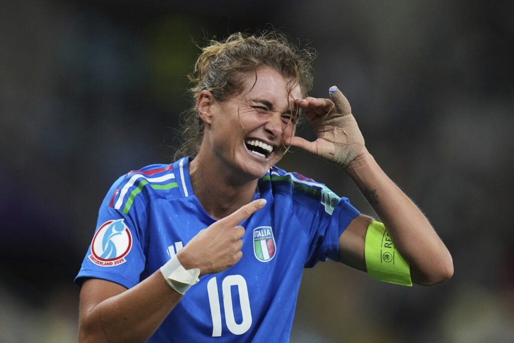 Italy's Cristiana Girelli celebrates after scoring the opening goal during the Euro 2025, group B, soccer match between Portugal and Italy at Stade de Geneve in Geneva, Switzerland, Monday, July 7, 2025.