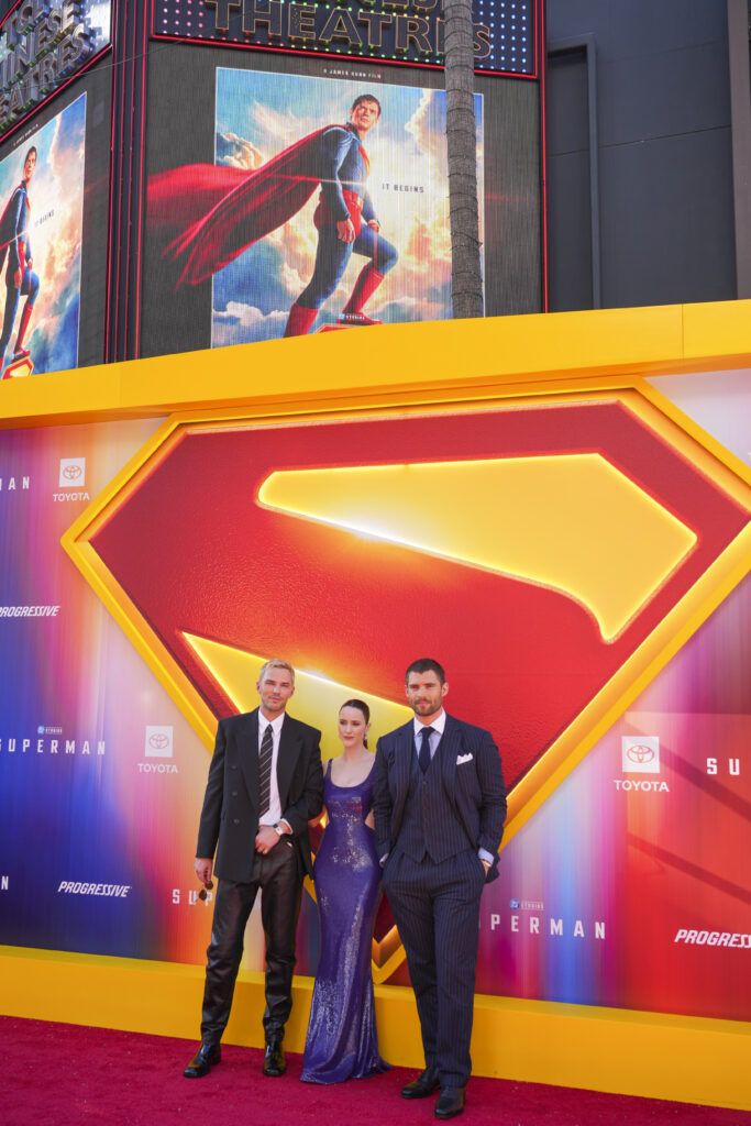 Nicholas Hoult, from left, Rachel Brosnahan, and David Corenswet arrive at the premiere of "Superman" on Monday, July 7, 2025, at TCL Chinese Theatre in Los Angeles.