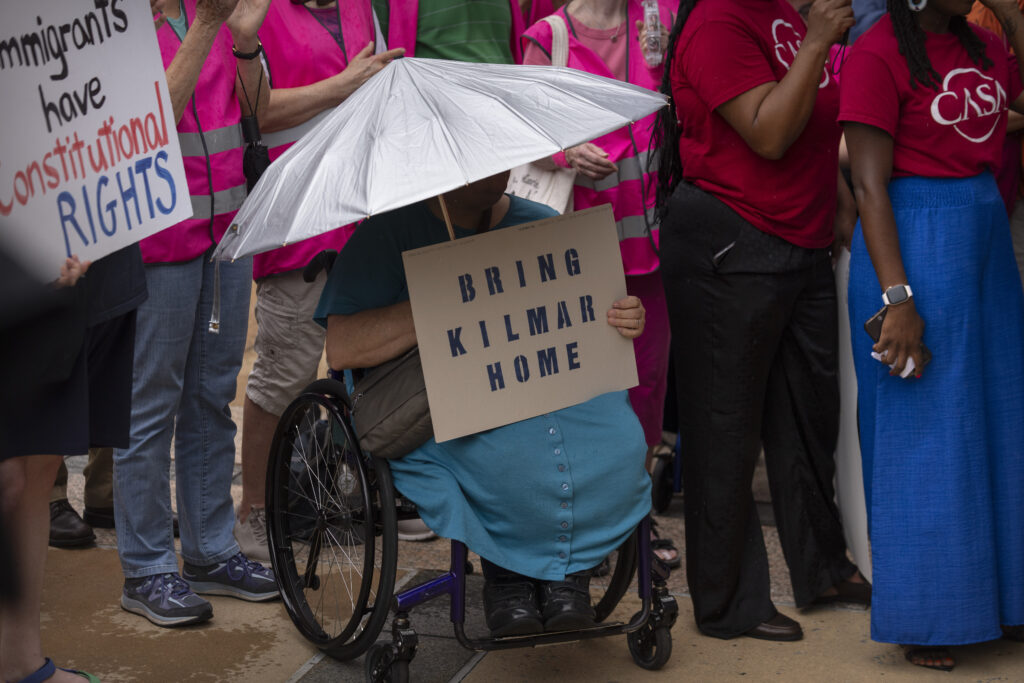 Supporters of Kilmar Abrego Garcia rally outside of the U.S. District Court in Greenbelt, Md., where a hearing was scheduled to be held on returning him to Maryland, Monday, July 7, 2025.