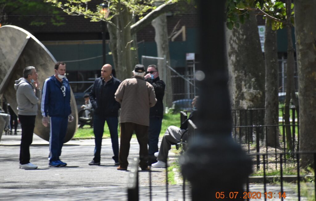 Anthony Villani, a captain in the Luchese organized crime family, meets with members of the administration of the Luchese family in a park during the pandemic. Photo via U.S. Attorney’s Office, Eastern District of New York
