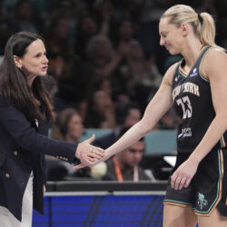 Liberty coach Sandy Brondello, shown here giving guard Marine Johannes a hand, helped New York weather the storm with Jonquel Jones out due to injury. AP Photo by Frank Franklin II