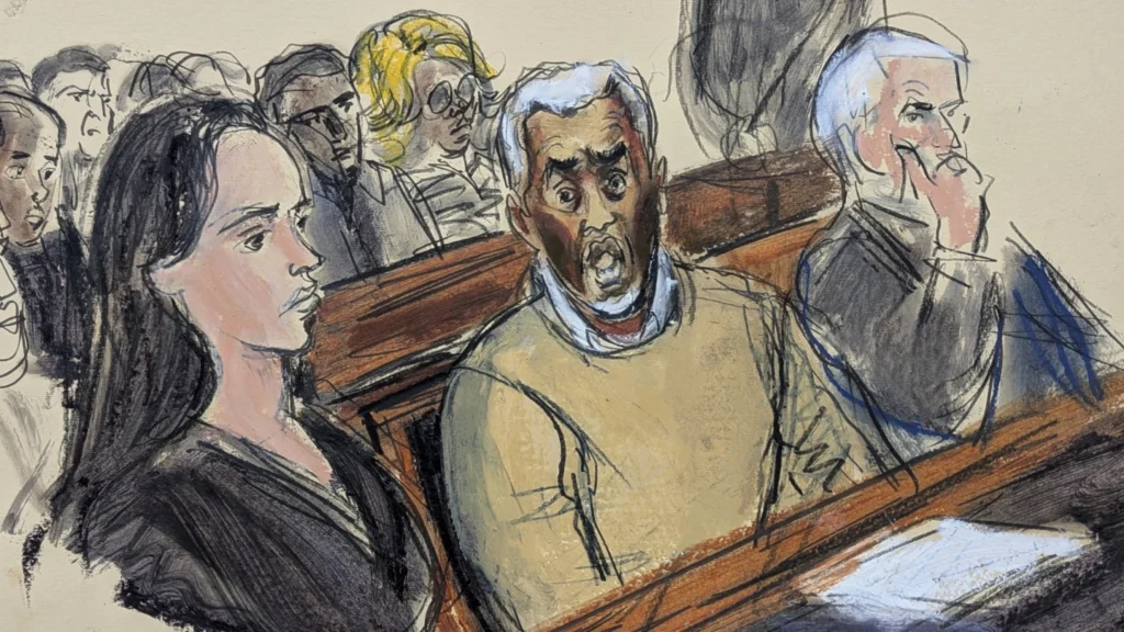 In this courtroom sketch, flanked by defense attorneys Teny Geragos, left, and Brian Steel, right, Sean "Diddy" Combs, center, reacts after he was denied bail on prostitution-related offenses, Wednesday, July 2, 2025, in Manhattan federal court in New York. Photo: Elizabeth Williams/AP