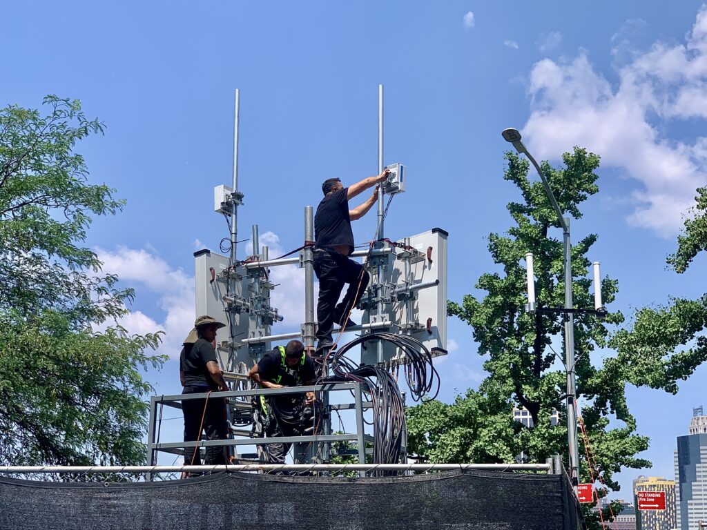 According to Councilmember Lincoln Restler, the towers are “COWs” or Cells On Wheels. Brooklyn Eagle Photo by Mary Frost