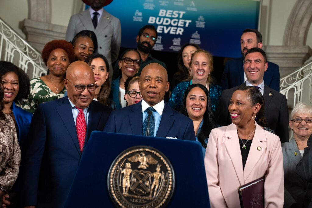 Following the passage of the city’s budget, Mayor Eric Adams announced that a new office had been created to assist immigrant residents in finding pro bono legal services. Photo: Ed Reed/Mayoral Photography Office
