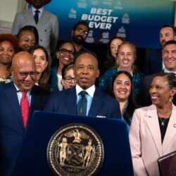 Following the passage of the city’s budget, Mayor Eric Adams announced that a new office had been created to assist immigrant residents in finding pro bono legal services. Photo: Ed Reed/Mayoral Photography Office