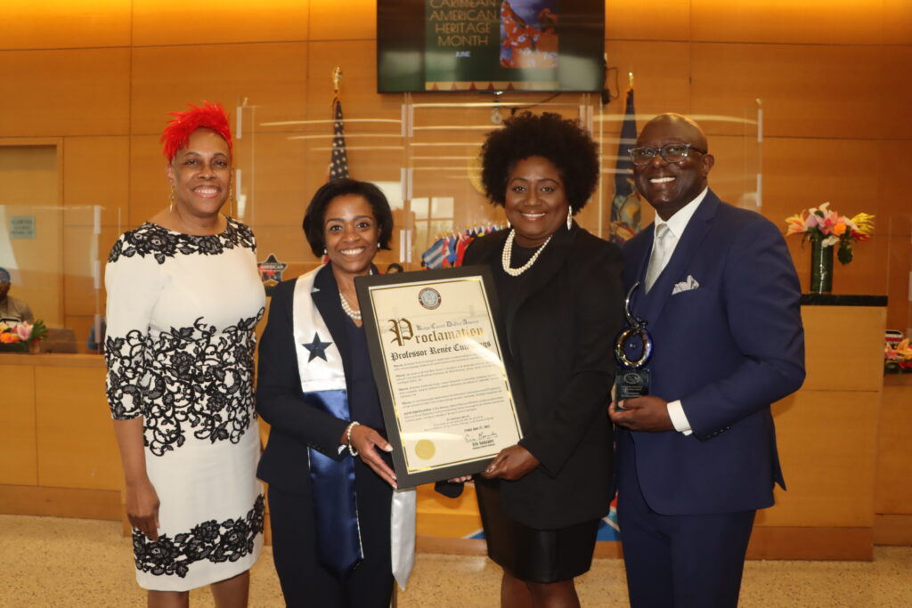 From left: Hon. Wavny Toussaint, Hon. Rhonda Tomlinson, Renée Cummings and Leonard Stewart, Esq. Brooklyn Eagle photo by Mario Belluomo