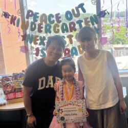Five-year-old Celia Chan receives her diploma during a surprise graduation ceremony just for her at Maimonides Medical Center as she recovers from pneumonia. Photo courtesy of Maimonides Health