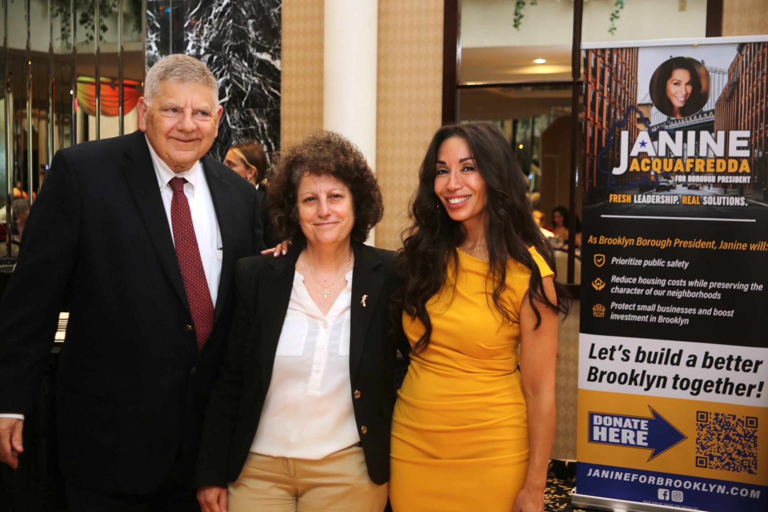 From left: Jerry Kassar; Fran Vella-Marrone, chair of Kings County Conservative Party; and Janine Acquafredda. Photo by Arthur De Gaeta