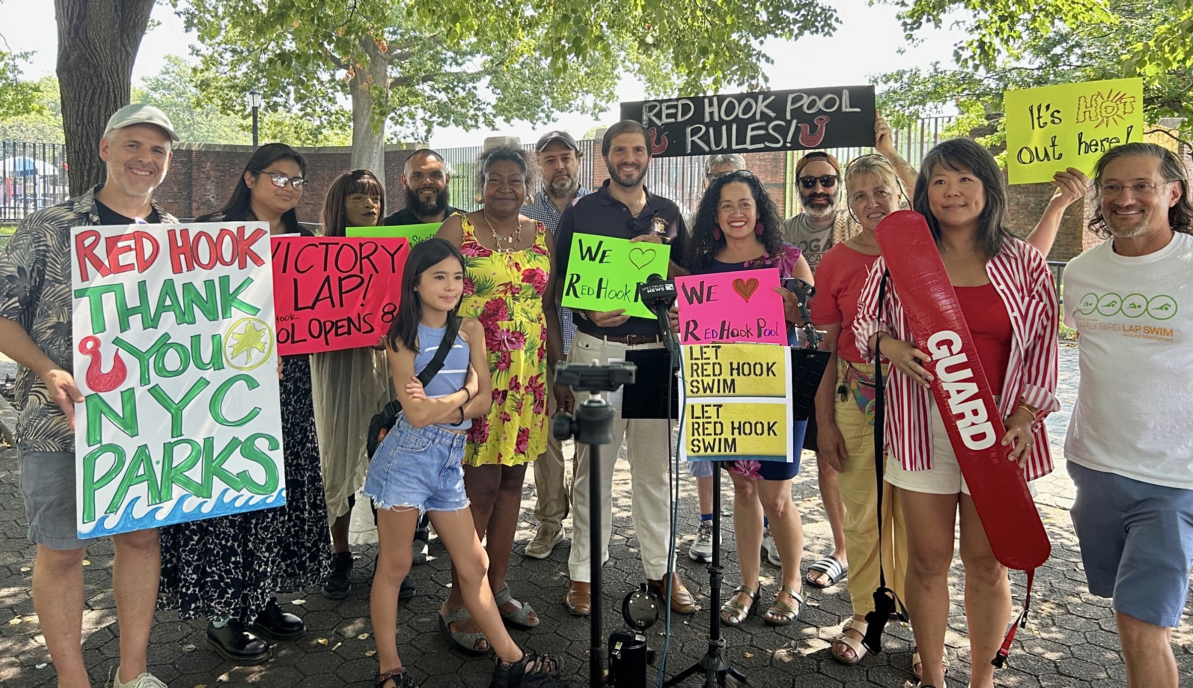 Speakers at Friday’s pool press conference included Gounardes, Councilmember Alexa Avilés, representatives on behalf of Assemblymember Marcela Mitaynes and Rep. Dan Goldman, Alan Mukamal of Friends of Red Hook Pool, Mike Racioppo, District Manager of Brooklyn Community Board 6, and Karen Blondel, president of the Red Hook West Resident Association. Photo: NY4P